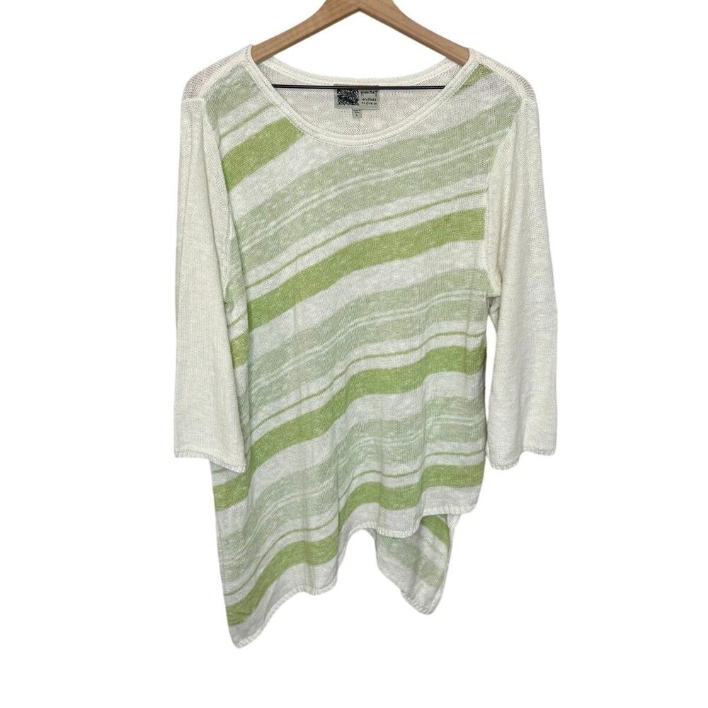HABITAT NWT Women's L Linen Asymmetrical Tunic Top Artsy Boho Beachy Green Cream